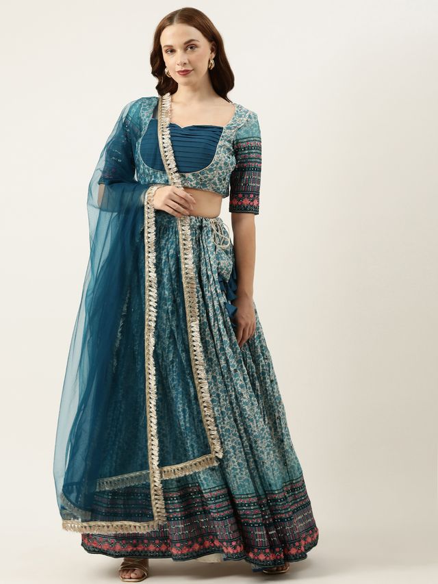 Bollywood Vogue Ready To Wear Cream N Blue Chinon Embroidered Lehenga