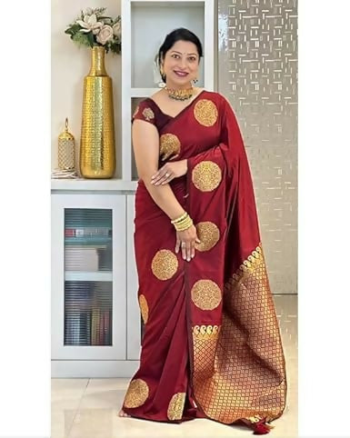 AXONIT Traditional Banarasi Silk Saree with Golden Zari Border & Pallu