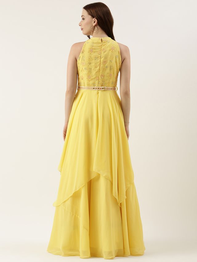 Bollywood Vogue Ready To Wear Yellow Embroidered Handkerchief Gown