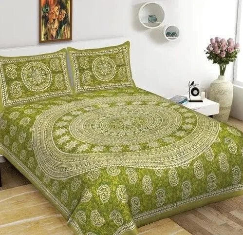 Jaipuri Traditional sanganeri cotton Double Bedsheet with 2 Pillow Covers(Green) - HalfPe