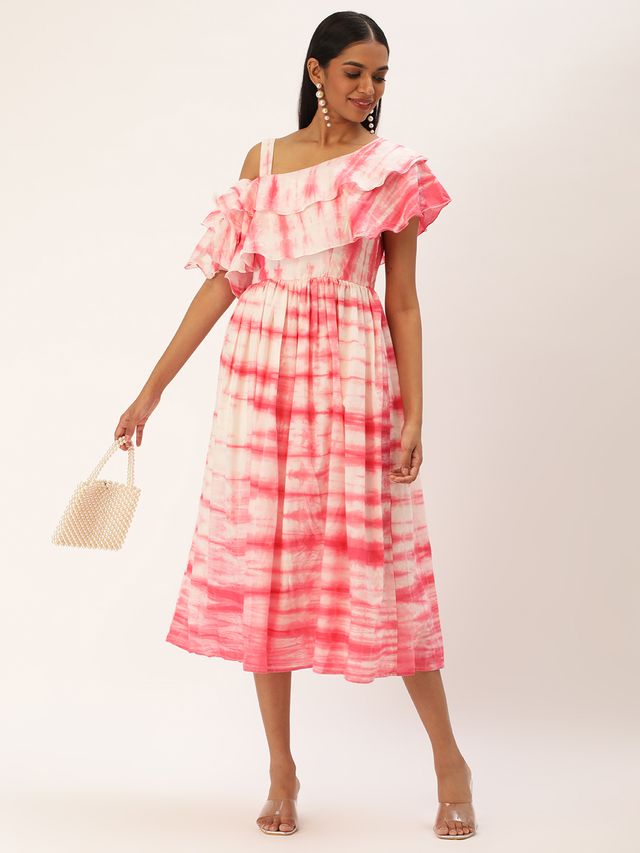 Bollywood Vogue Ready To Wear Pink Tie N Dye Ruffled Dress