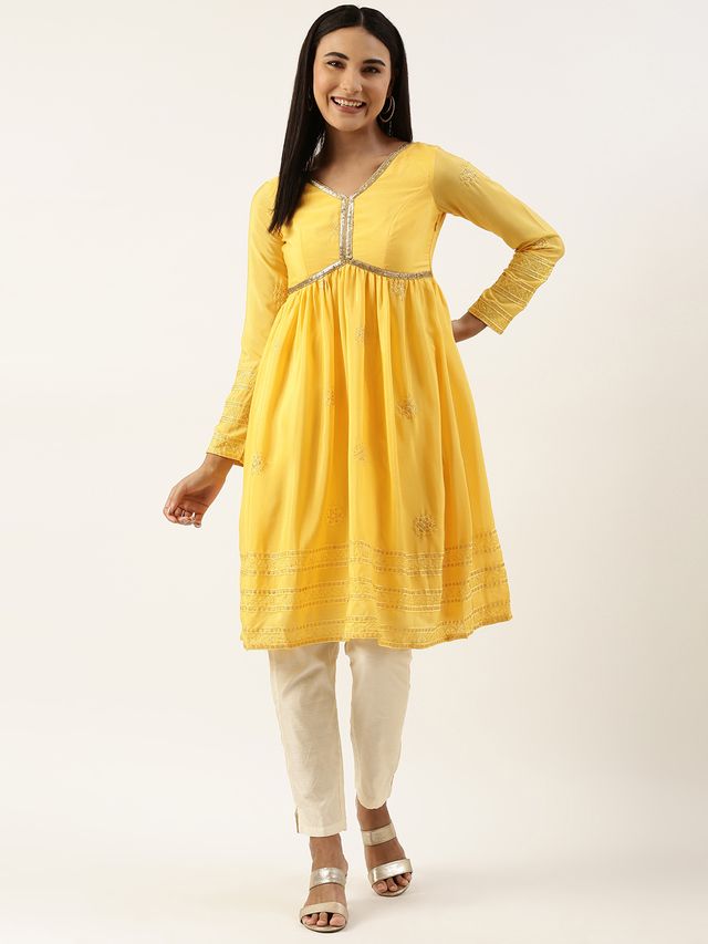 Bollywood Vogue Ready To Wear Yellow Chinnon Embroidered Kurta Set