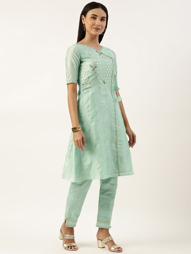 Bollywood Vogue Ready To Wear Pista Green Chanderi Straight Kurta Set