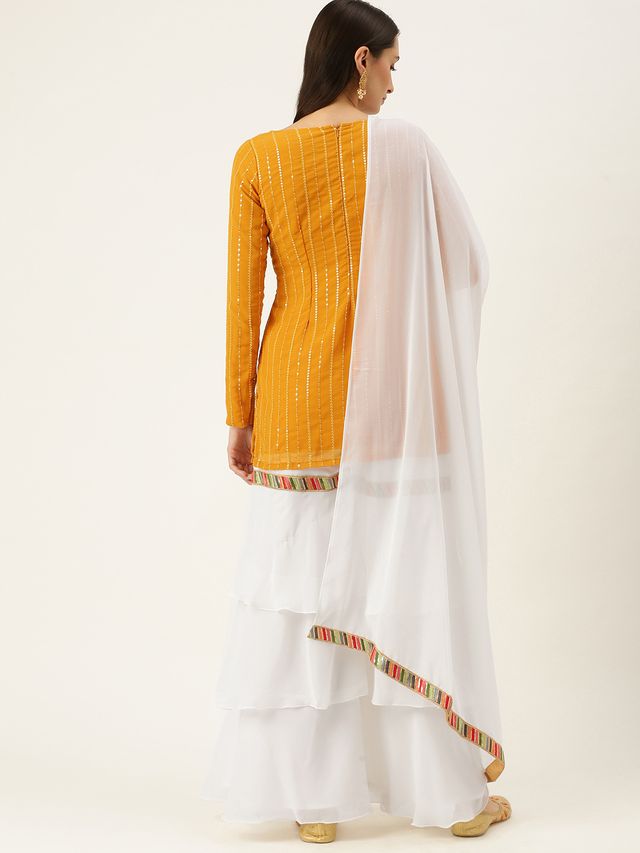 Bollywood Vogue Ready To Wear White N Mustard Embroidered Layered Gharara Suit