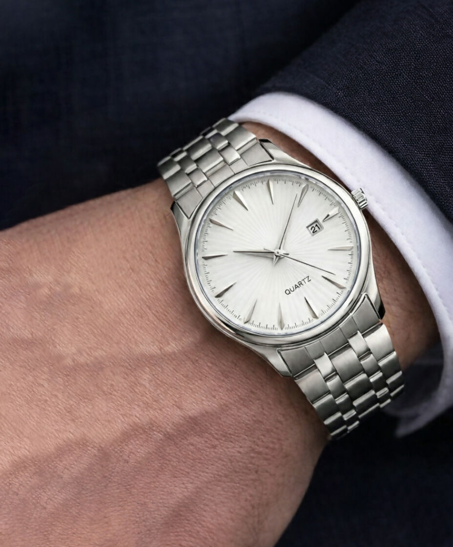 LOREM Men’s Stainless Steel Analog Watch with Silver Dial, Quartz Movement, Date Display & Metal Strap LOREM