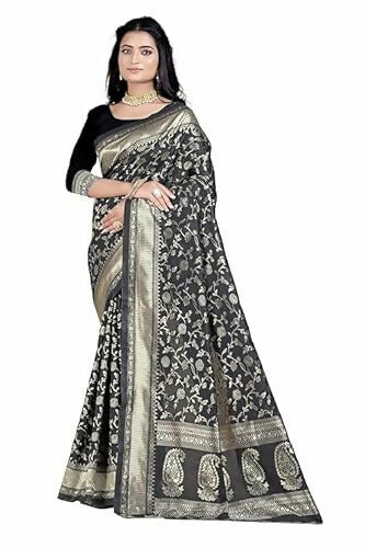 AXONIT Soft Silk Saree with Golden Zari Floral & Peacock Weaving