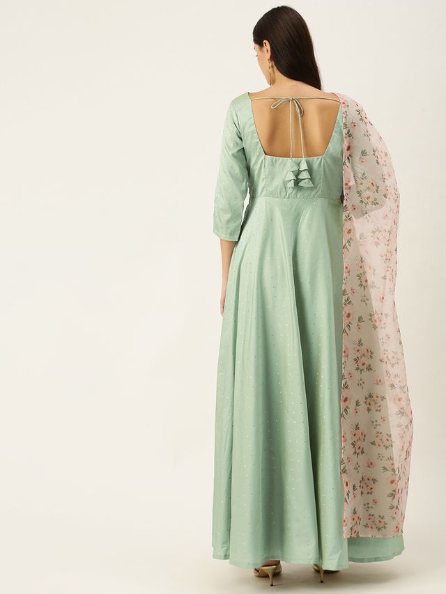 Bollywood Vogue Ready To Wear Green Art Silk Abaya Style Anarkali Suit