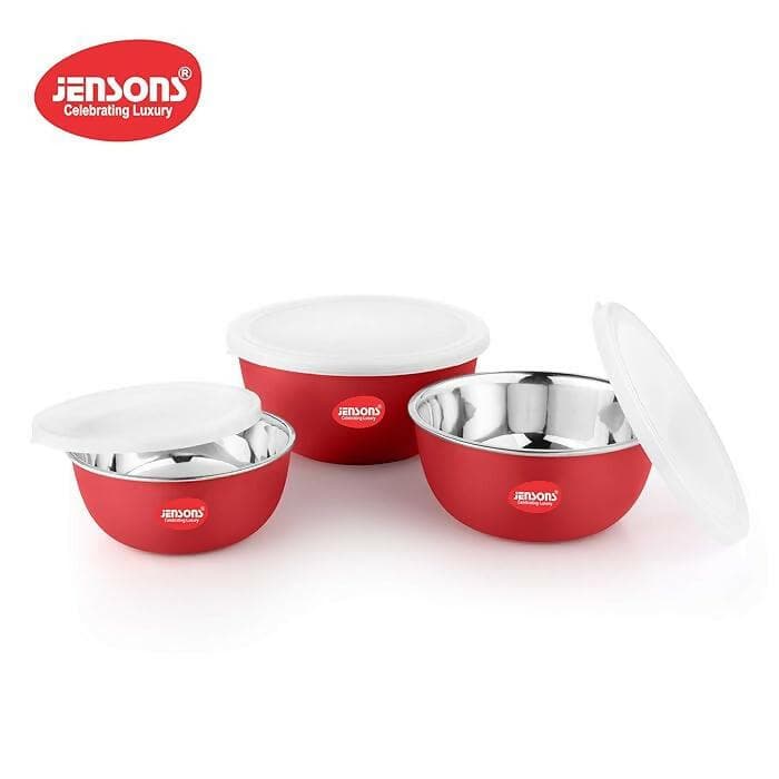 Microwave Bowl Set,Stainless Steel 3 pcs (600 ml + 800 ml + 1300 ml,Red) - HalfPe