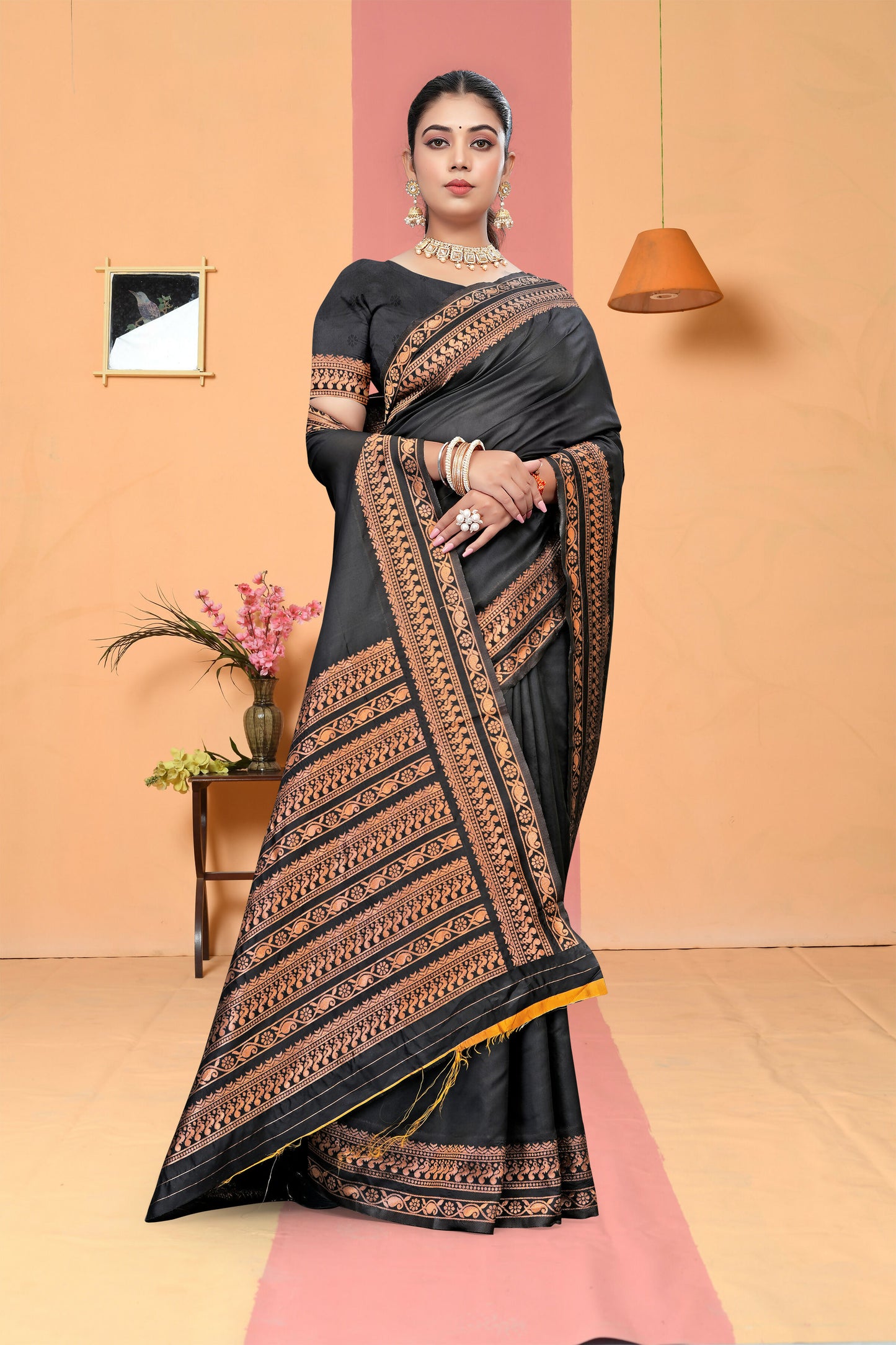 AXONIT Black Banarasi Silk Saree with Antique Copper Zari Border & Pallu
