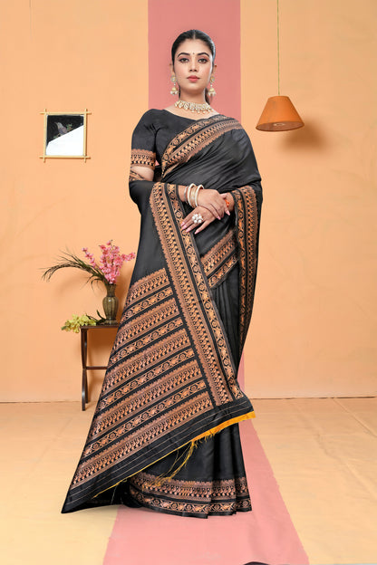 AXONIT Black Banarasi Silk Saree with Antique Copper Zari Border & Pallu