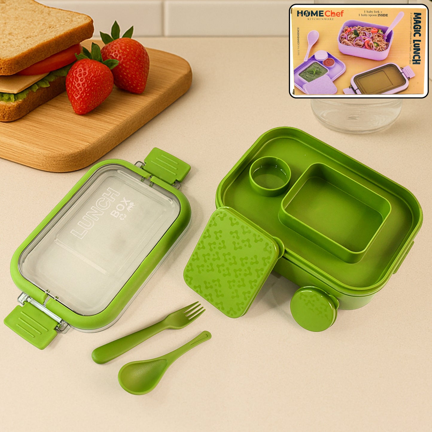 Magic Lunch Box With Leakproof Compartments  and Spoon-Fork Set | Airtight Sealed Bento Style Food Container (1 Pc)