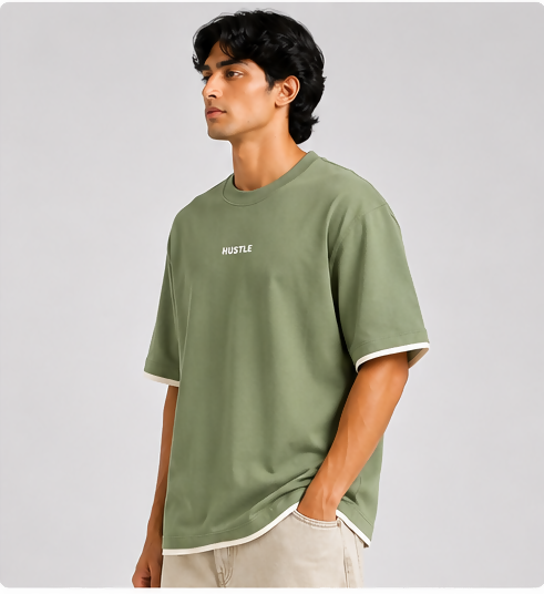 HUSTLE Men's Oversized Fit Crew Neck T-Shirt – Sage Green(Oversized Fit)
