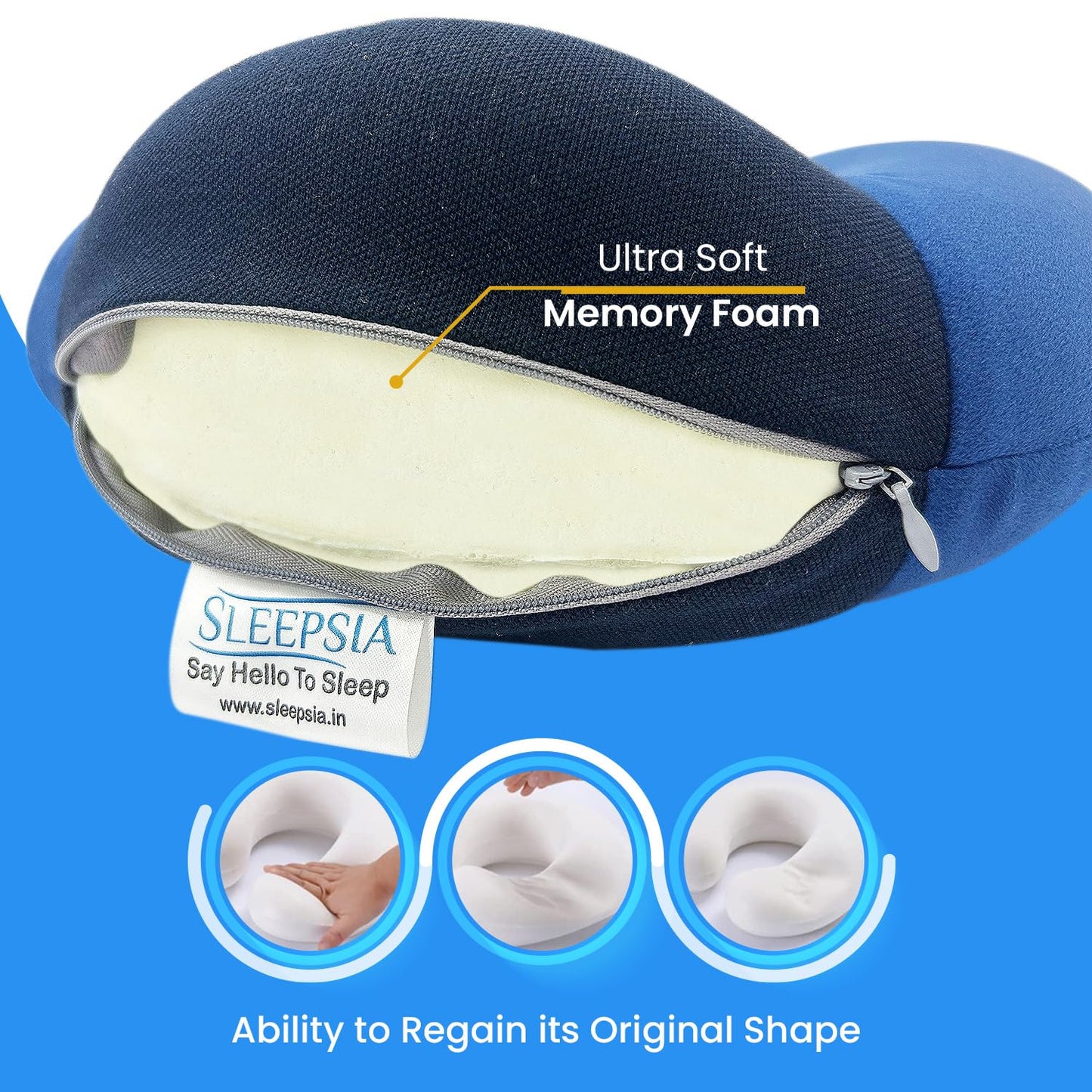Sleepsia Velvet Memory Foam Neck Raised Travel Pillow Multipurpose (Blue)