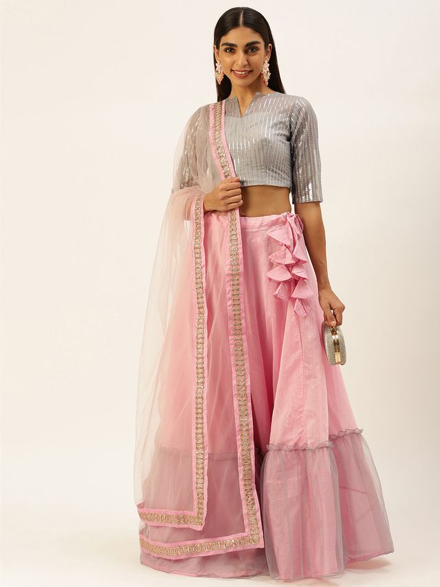 Bollywood Vogue Ready To Wear Grey Embroidered  Peplum Lehenga Set