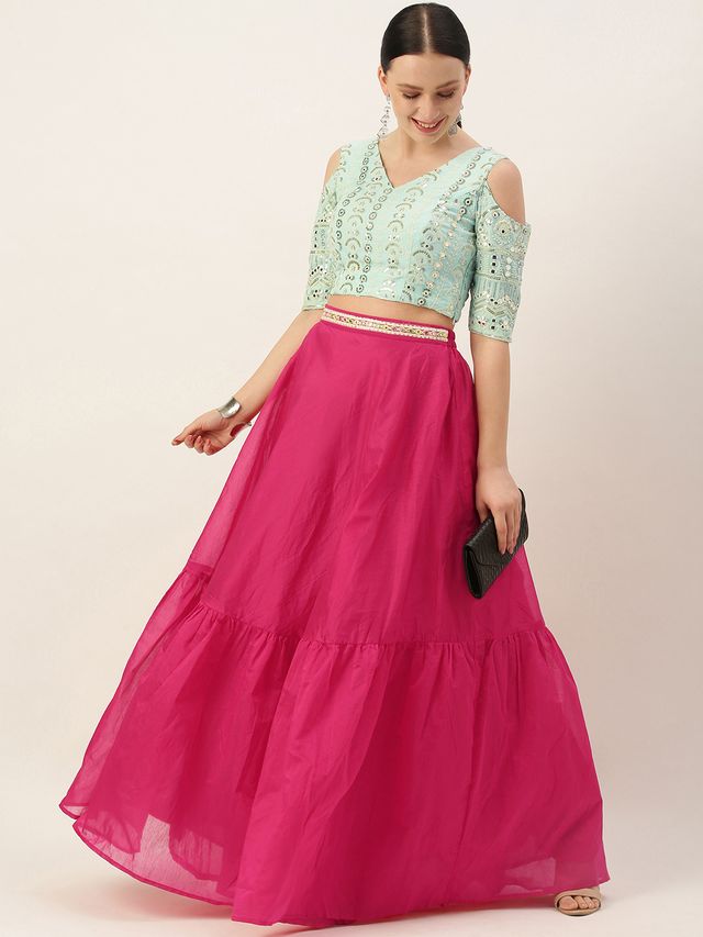 Bollywood Vogue Ready To Wear Blue Georgette Embroidered Blouse N Pink Skirt