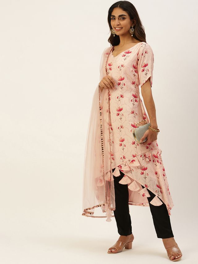 Bollywood Vogue Ready To Wear Peach Chanderi Modal Satin Straight Pant Suit