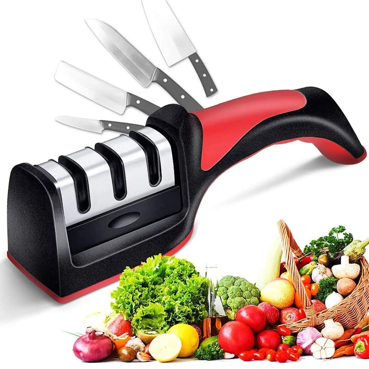 Manual Red Knife Sharpener 3 Stage Sharpening Tool For Ceramic Knife And Steel Knives. HP DD