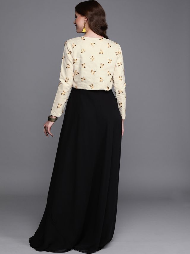 Bollywood Vogue Ready To Wear Off White N Black Embroidered Jacket Style Gown