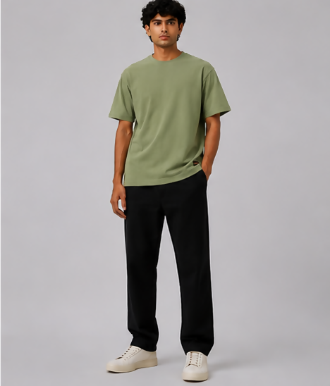HUSTLE Men's Crew Neck Relaxed Fit T-Shirt – Light Olive Green(relax fit)