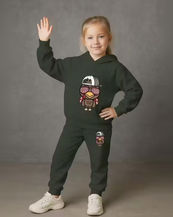 Kids Hooded Sweatshirt & Jogger Set – Cool Bird Cartoon Print Casual Wear (Green) Luck Fashion