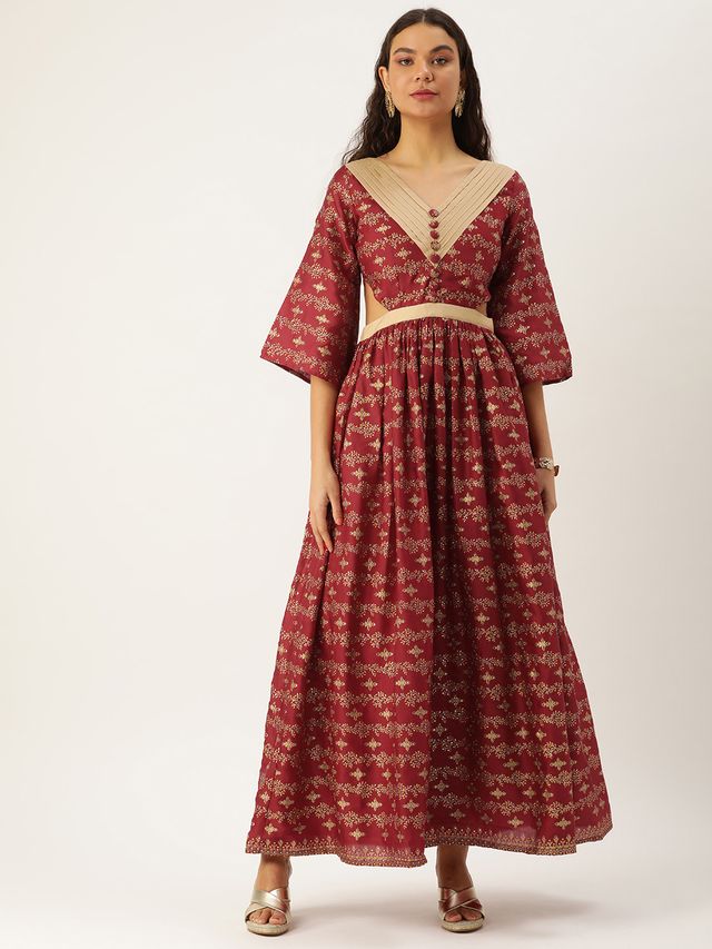 Bollywood Vogue Ready To Wear Maroon Art Silk Foil Printed Maxi Dress