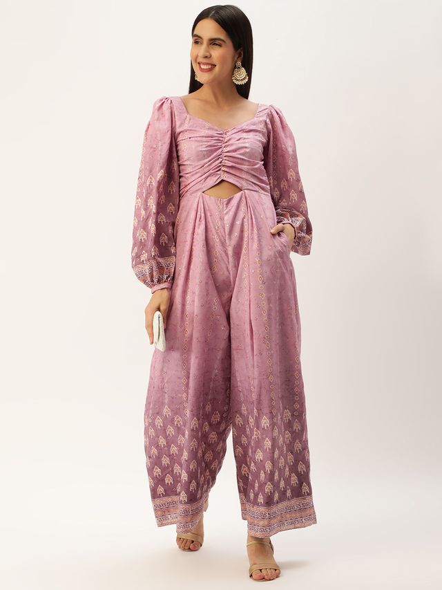 Bollywood Vogue Ready To Wear Mauve Art Silk Digital Printed Jumpsuits