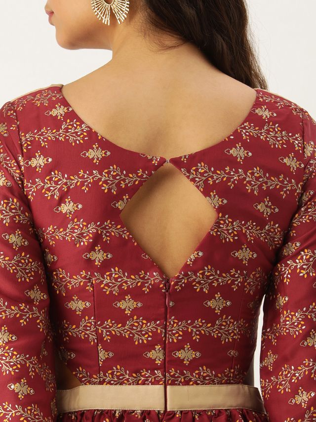 Bollywood Vogue Ready To Wear Maroon Art Silk Foil Printed Maxi Dress