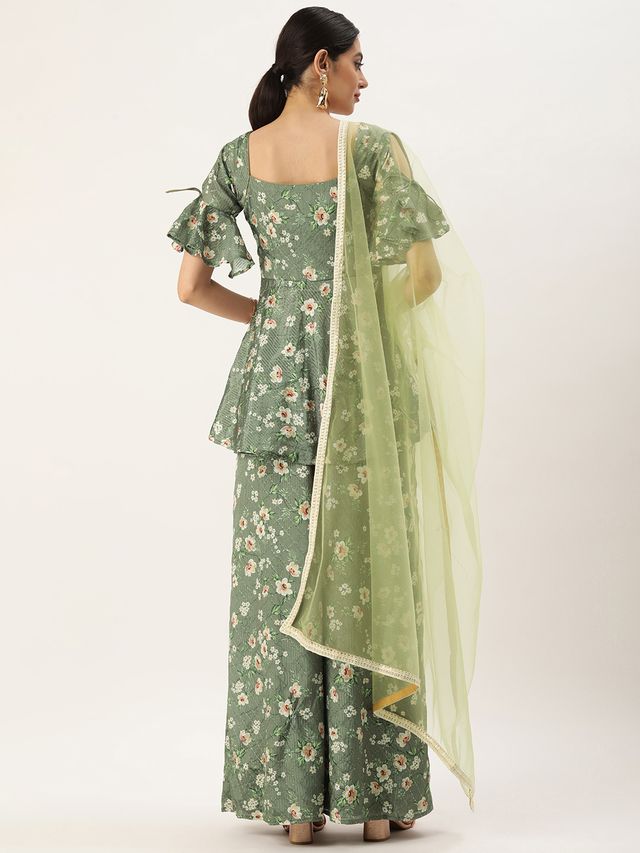 Bollywood Vogue Ready To Wear Mehndi Green Georgette Printed Palazzo Suit