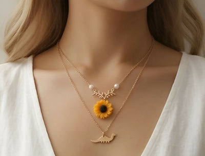 Sunflower Pendant & Dinosaur Necklace Set (2 Pieces)