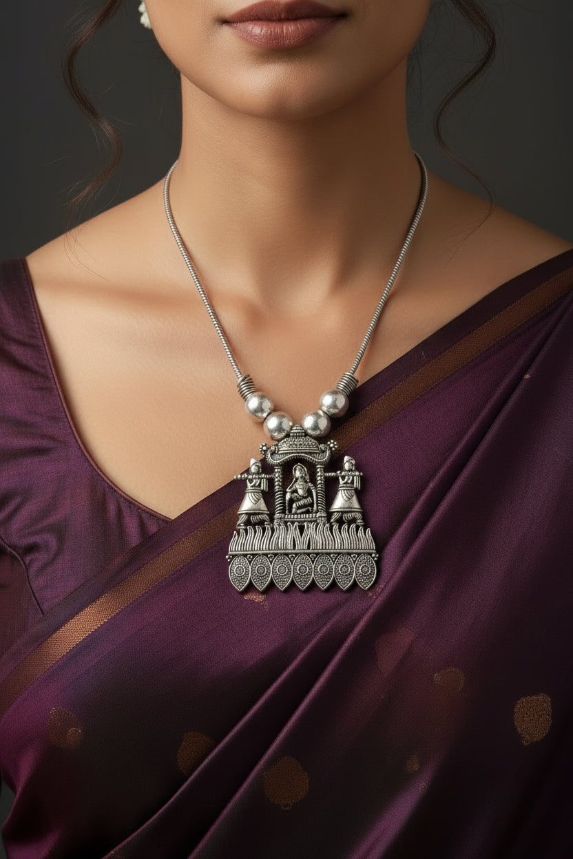 Traditional Temple Pendant (Palki) Necklace for Girls & Women - Silver,22 Inch SUPER