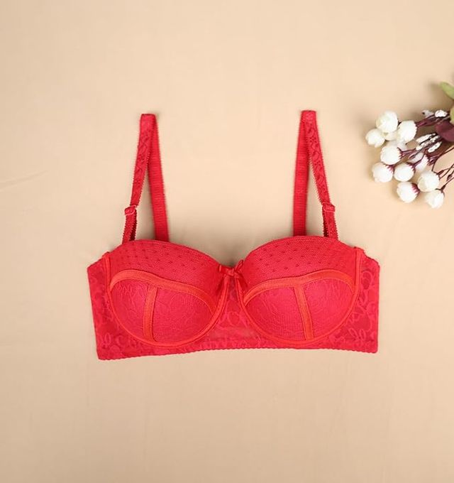 Susie Half Coverage Hot Red Lace Overlay Adjustable, Detachable, MultiwayPadded Balconette Bra