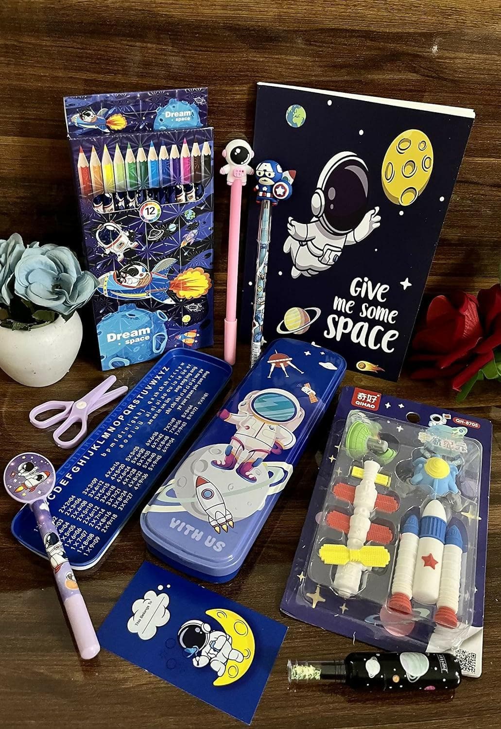 Le Delite Space Theme Diary combo with color pencil, geometry box case, scissors pen-pencil, highlighter, bookmark & astronaut eraser set (pack of 8 items) - HalfPe