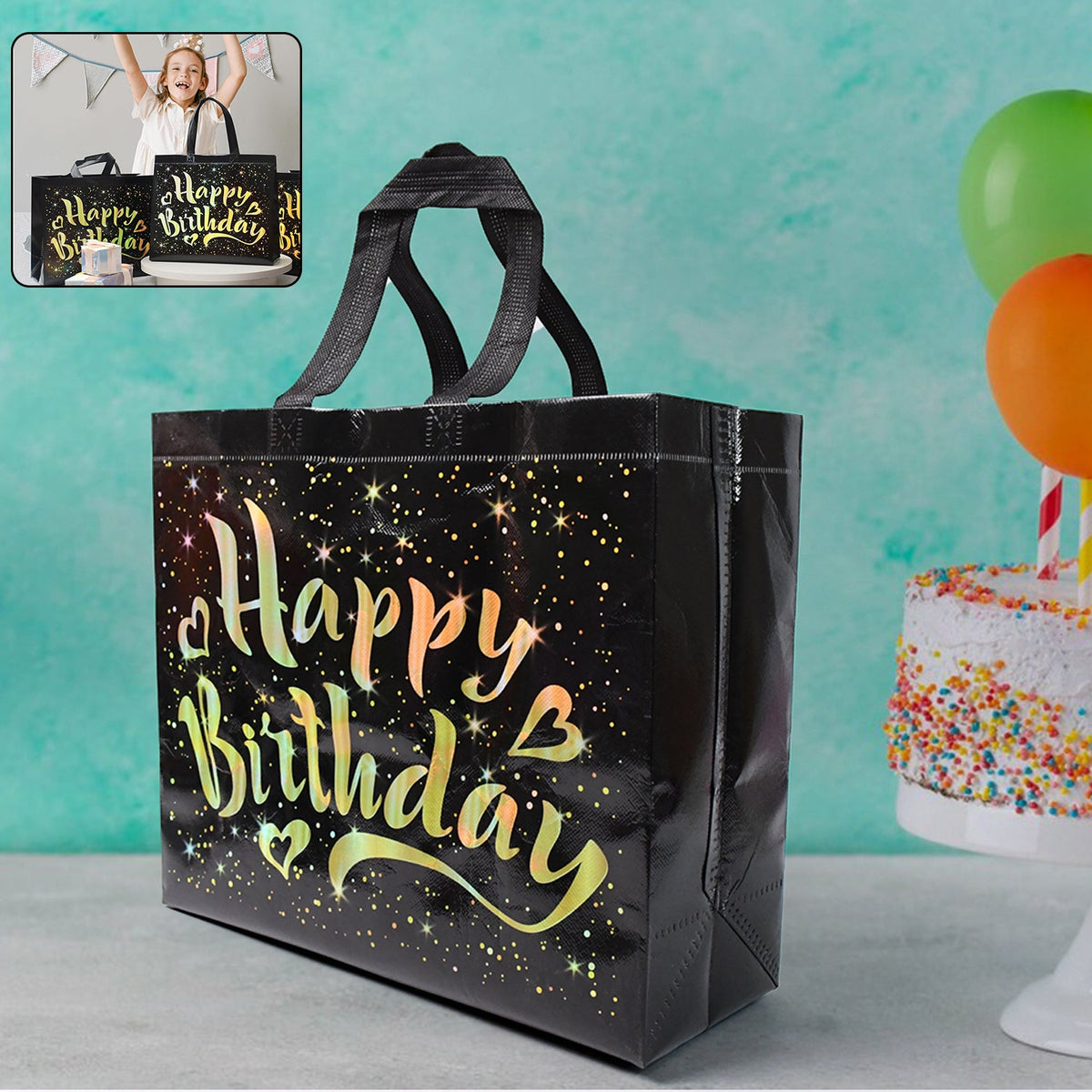 Birthday Gift Bag With Gold Shiny Stars Reusable Party Gift Bags (1 Pc) HP DD