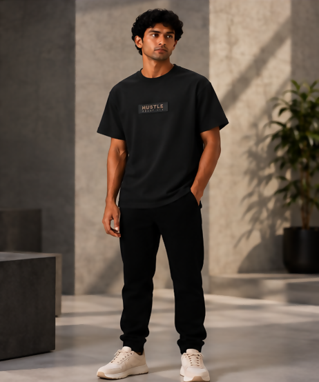 HUSTLE Essentials Men's Crew Neck Oversized T-Shirt – Black(Oversized fit)
