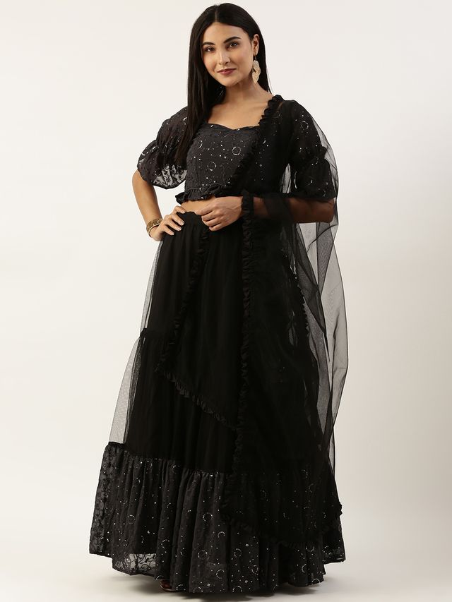 Bollywood Vogue Ready To Wear Dark Grey Georgette Sequins Embroidered N Black Net Lehenga