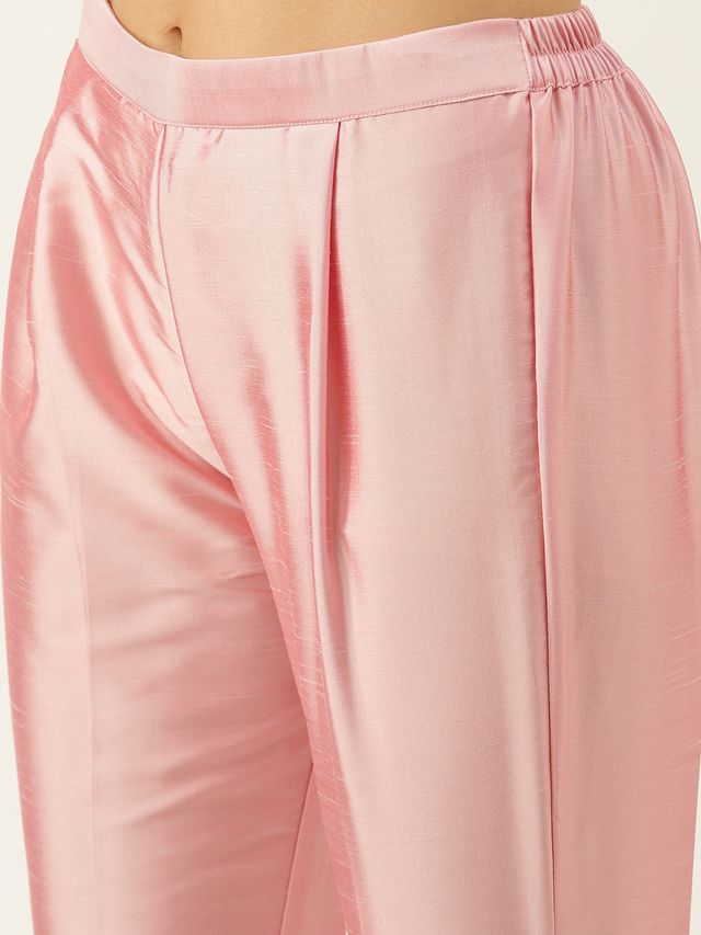 Bollywood Vogue Ready To Wear Pink Art Silk N Off White Organza Straight Suit