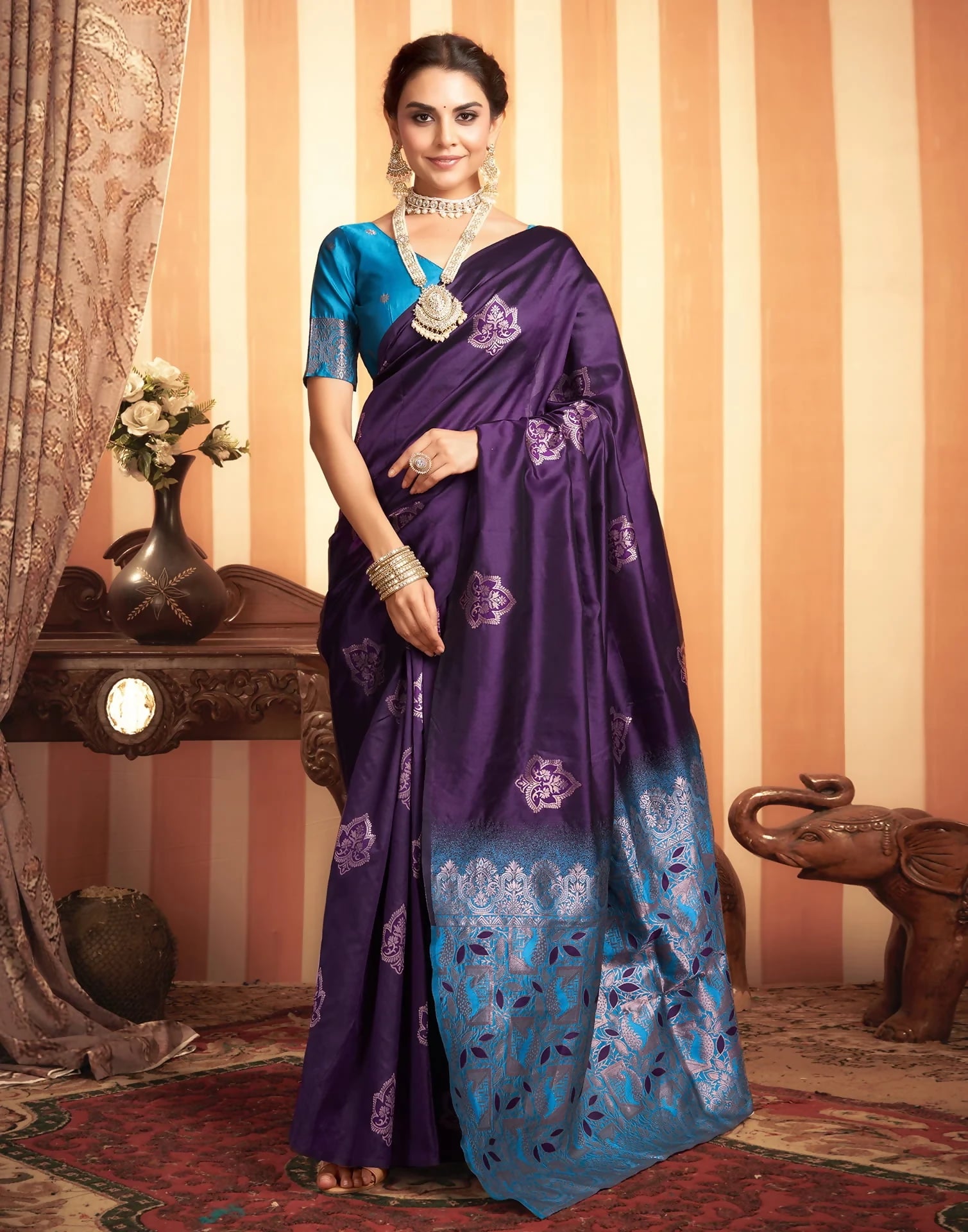 AXONIT Luxury Wedding Wear Emerald Soft Silk Saree with Heavy Golden Zari Work and Mustard-Gold Designer Pallu