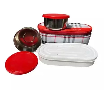 Multispace Stylish Cream Check Lunch Box with 3 Containers & Insulated Bag