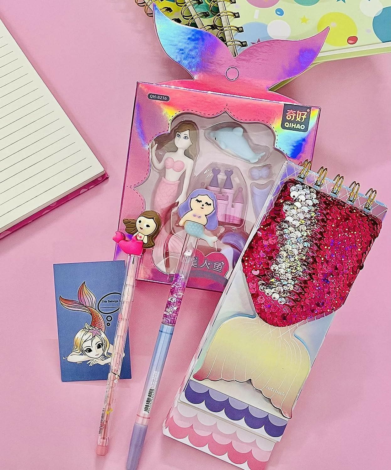 Cute Mermaid Doll Holographic Eraser Box , Spiral Notepad , Water Glitter Pen & Non Sharpening Bullet Cartoon Pencil - HalfPe