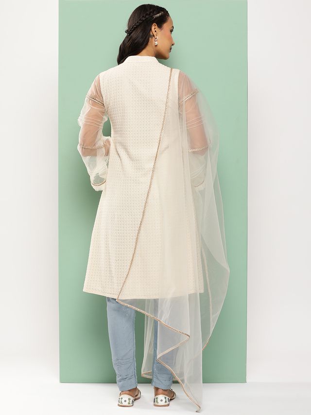 Bollywood Vogue Ready To Wear Grey N White Sequin Embroidered Straight Pant Suit