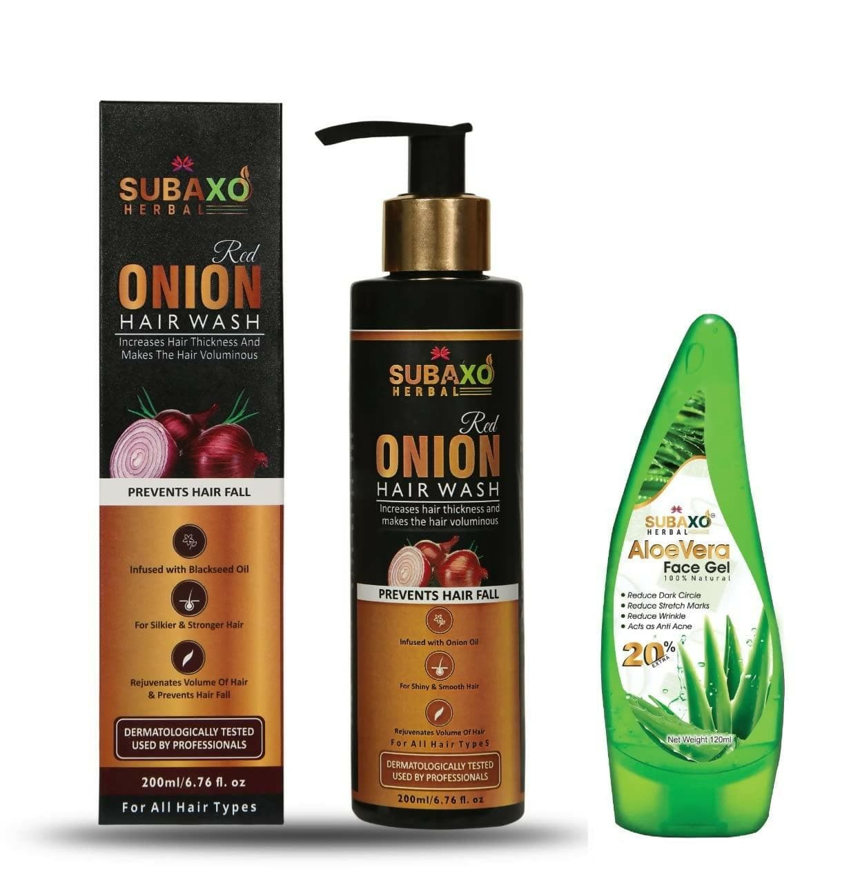 SUBAXO Red Onion Herbal Hair Wash (200ml) & Aloe Vera Herbal Face Gel (120ml) Combo - HalfPe