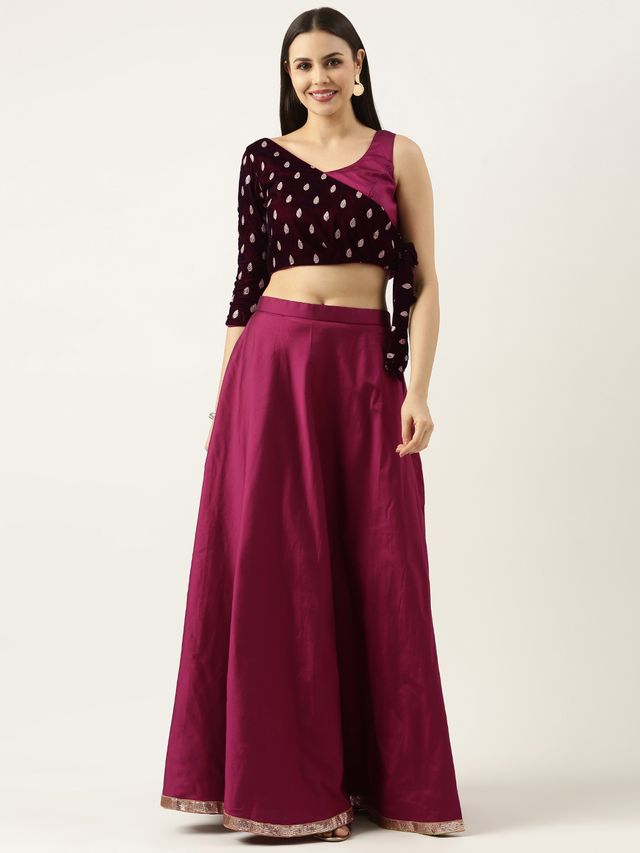 Bollywood Vogue Ready To Wear Magenta Embroidered Velvet Blouse N Silk Skirt Set