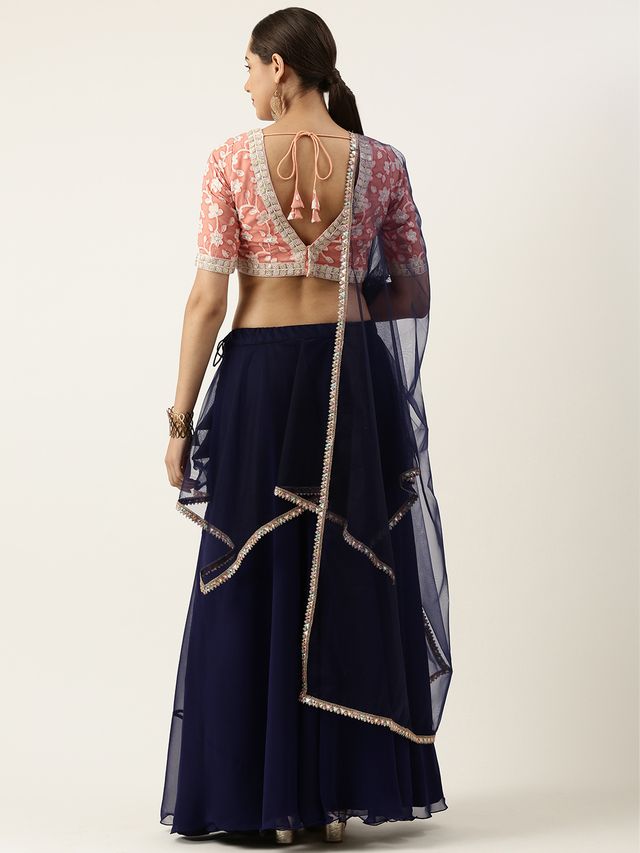 Bollywood Vogue Ready To Wear Navy Blue N Peach Embroidered Lehenga Set