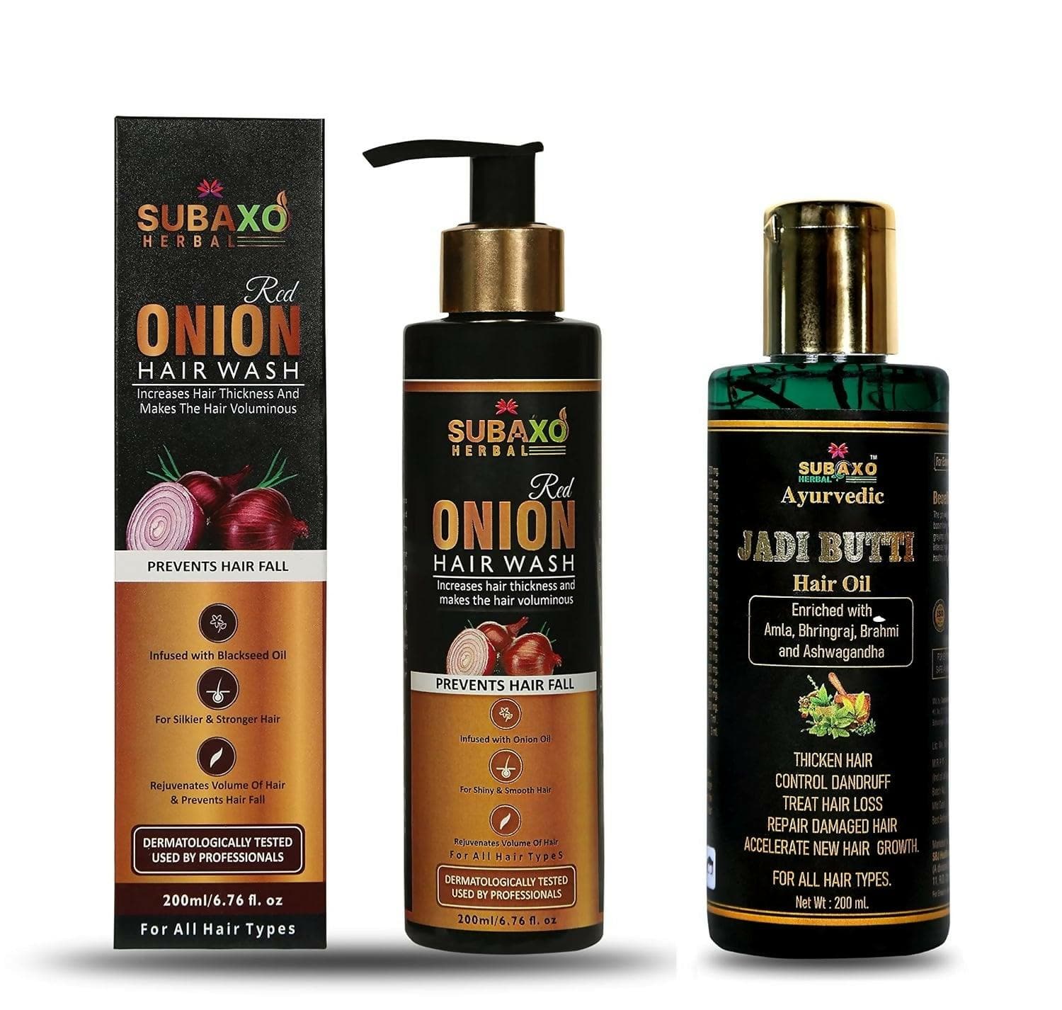 SUBAXO Herbal Red Onion Hair Wash-Herbal Shampoo (200ML)And Herbal Jadi Buti Hair Oil (200ml) Combo - HalfPe