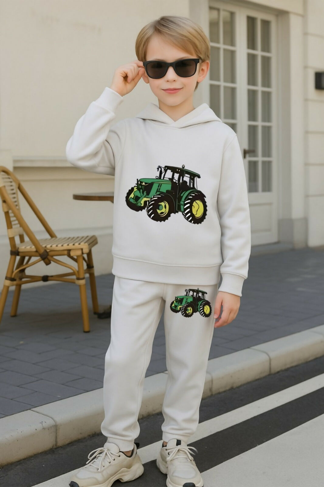 Boys White Hoodie and Jogger Set with Tractor Print Luck Fashion