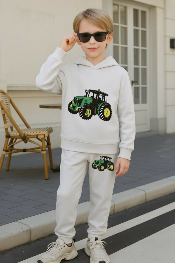 Boys White Hoodie and Jogger Set with Tractor Print Luck Fashion