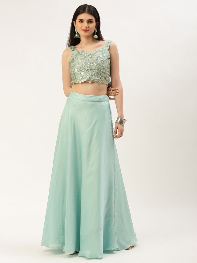 Bollywood Vogue Ready To Wear Light Blue Net Embroidered N Green Satin Skirt Set