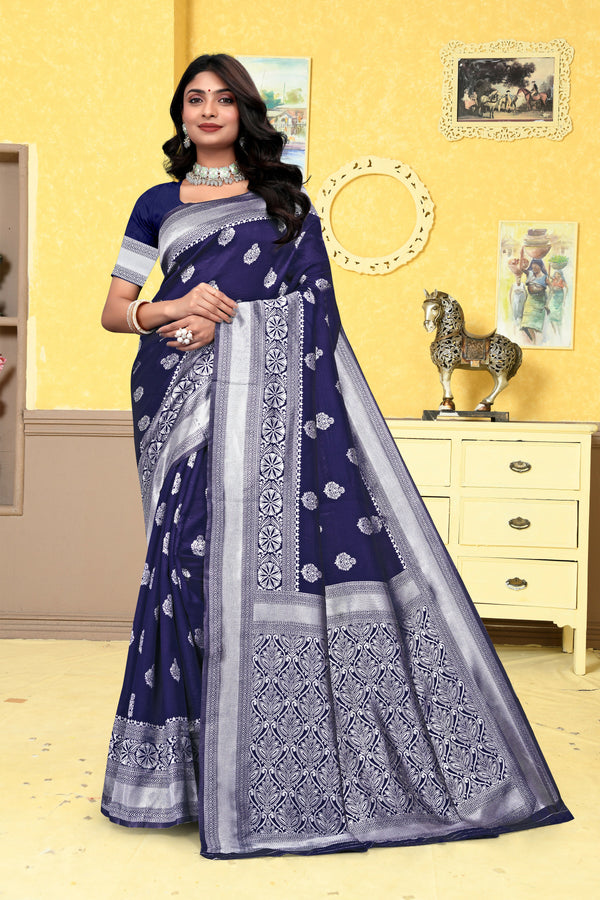 AXONIT Banarasi Silk Saree for Women with Silver Zari Work for Wedding Wear