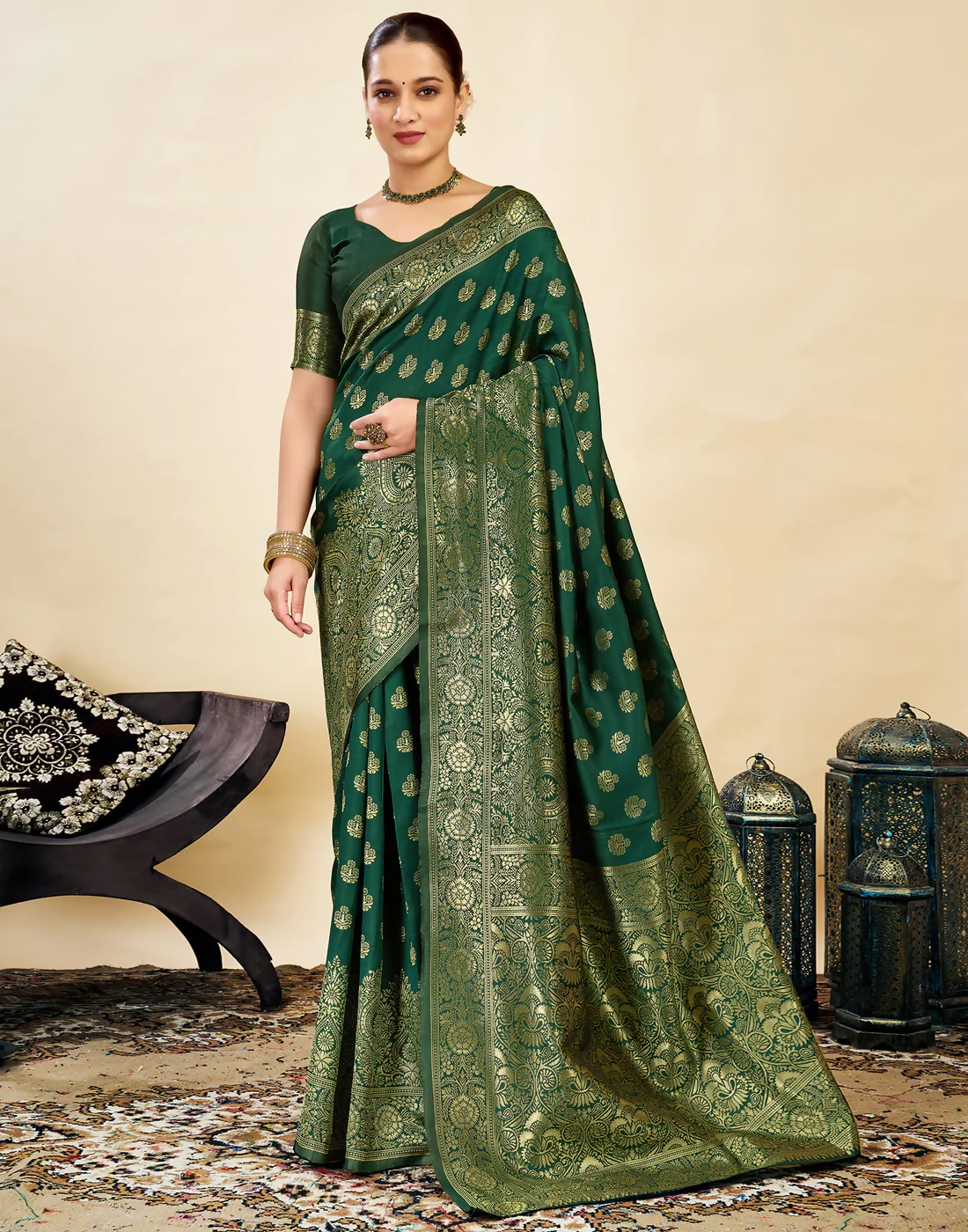 Royal Emerald Jacquard Saree with Golden Zari Work & Heavy Brocade Border