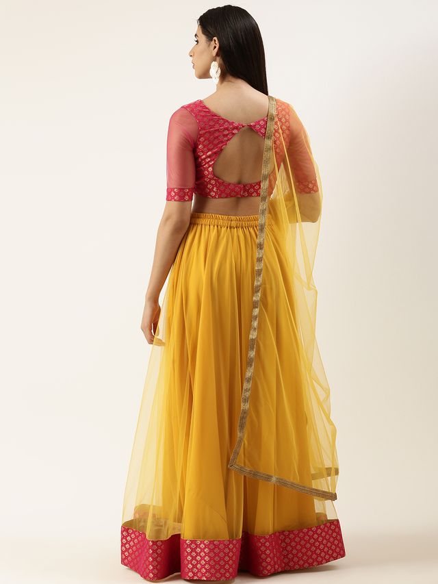 Bollywood Vogue Ready To Wear Pink Jacquard Art Silk N Yellow Net Lehenga